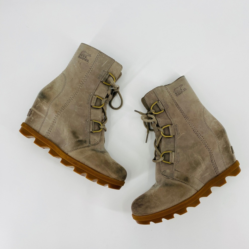 Sorel Joan of Arctic Wedge II Boot Women 7.5 Gray Leather Lace Up NL3763-005